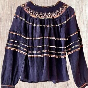 Navy blue Peasant Blouse embroidery & crochet  puffy sleeves Boho Hippie Sz M